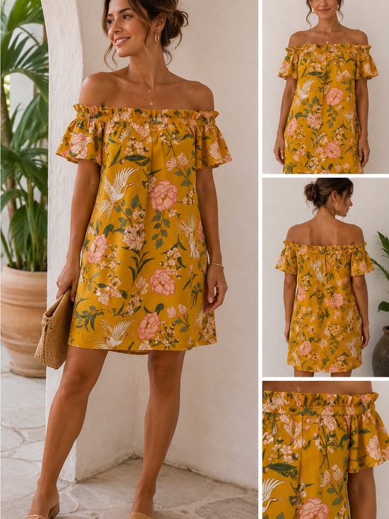 Streetwear Society Dresses & Skirts - Off-Shoulder Floral Sundress - Mustard Yellow